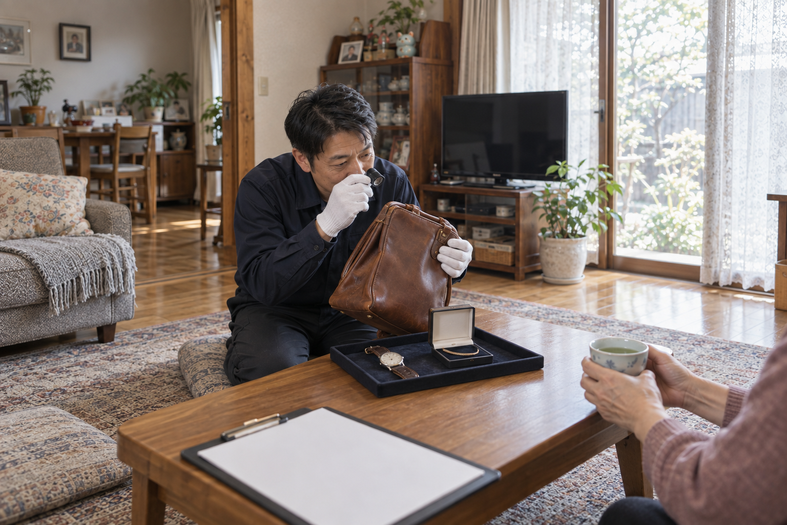 バッグの状態を確認して査定するスタッフ