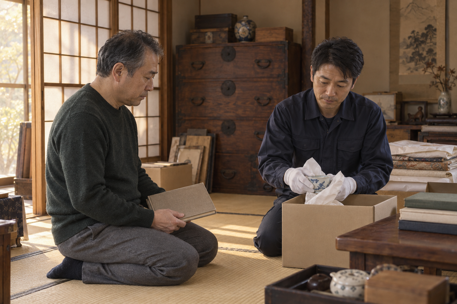 和室で遺品を丁寧に梱包する様子