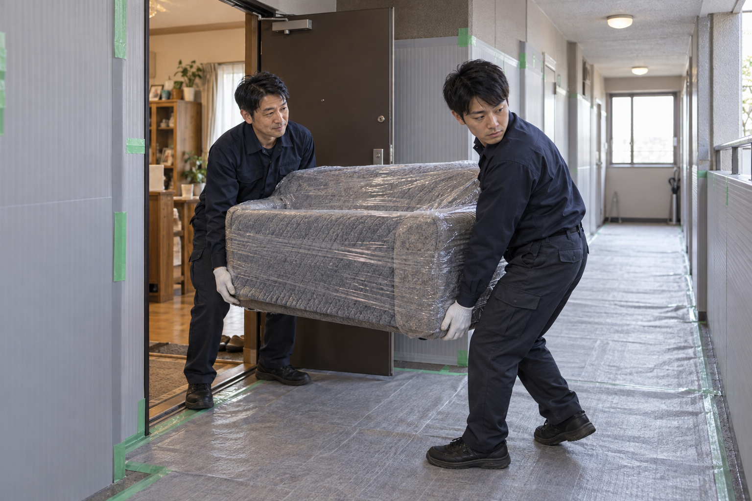 養生をしてソファを運び出す様子
